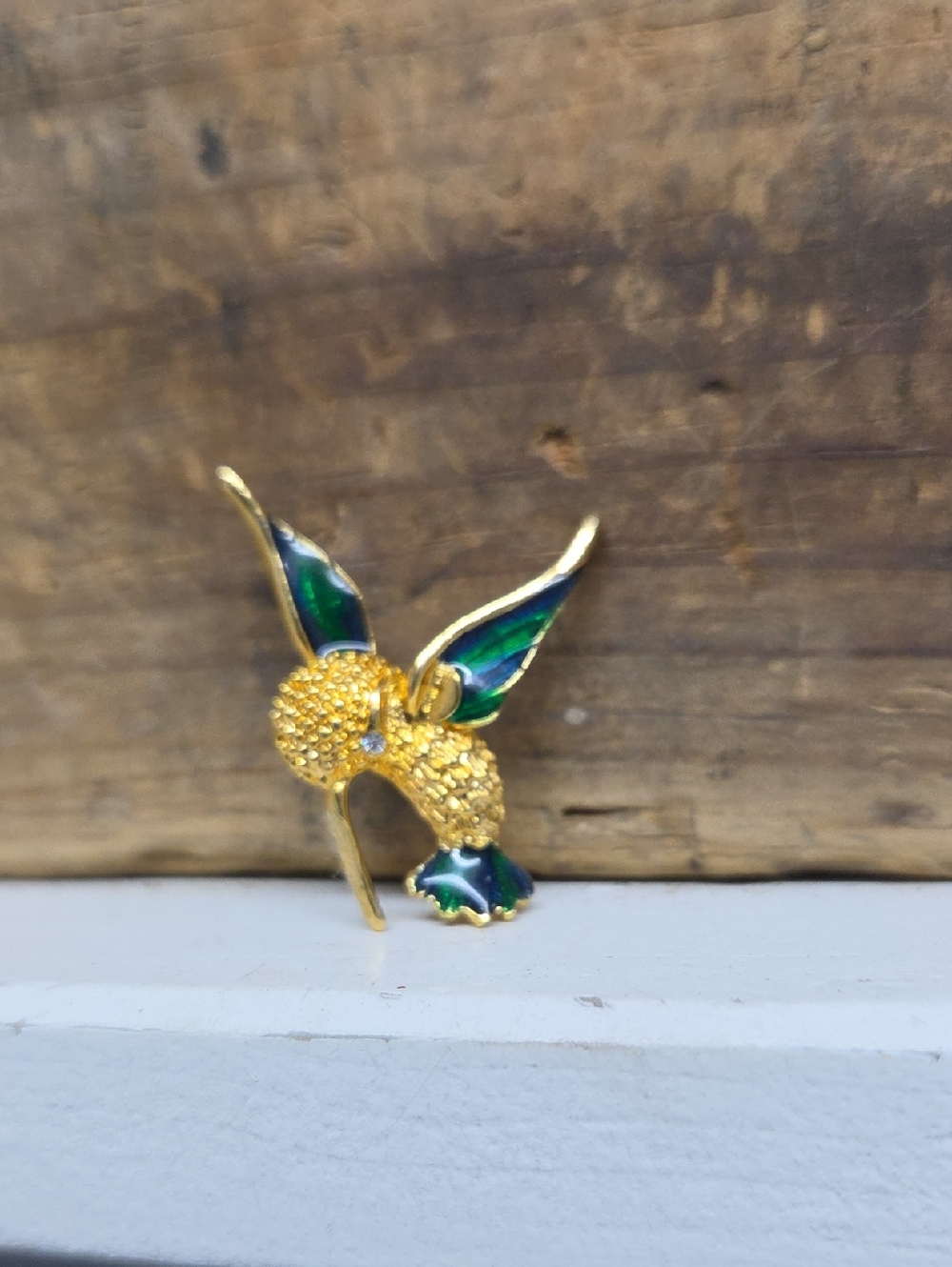 Vintage Gold-tone Hummingbird Pendant with Green Enamel Wings